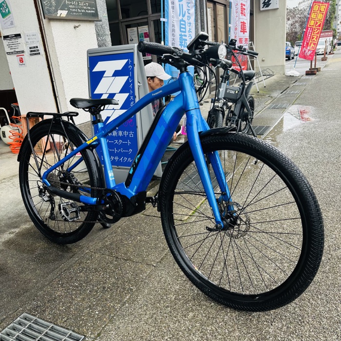 クリーニングを終えた青いイーバイクの全体像