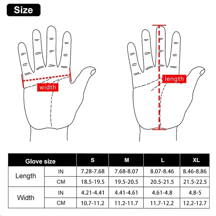 Hand measurement guide and glove size chart for S, M, L and XL