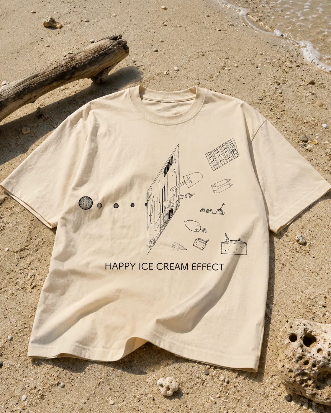 Beige HAPPY ICE CREAM EFFECT T-shirt flat lay on a sunny beach